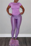 Purple Casual Solid Color Basic O Neck Short Sleeve Two Pieces