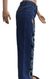Blue Casual Heart Shaped Hollow Out Patchwork Zipper Mid Waist Loose Denim Jeans