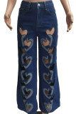 Blue Casual Heart Shaped Hollow Out Patchwork Zipper Mid Waist Loose Denim Jeans