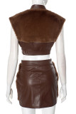 Brown Daily Solid Color Patchwork Zipper Zipper Collar Two Pieces