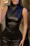 Black Casual Solid Basic Turtleneck Tops