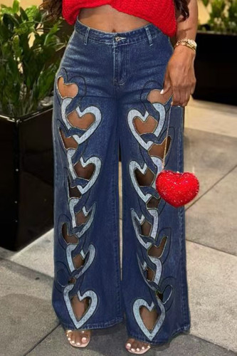Blue Casual Heart Shaped Hollow Out Patchwork Zipper Mid Waist Loose Denim Jeans
