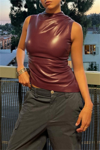 Burgundy Casual Solid Basic Turtleneck Tops
