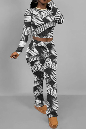 Gray White Casual Print Patchwork O Neck Long Sleeve Two Pieces
