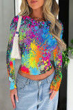 Green Yellow Casual Street Splashed ink printing Contrast O Neck Tops