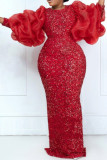 Black Elegant Solid Color Sequins Patchwork Mesh Zipper O Neck Evening Dresses