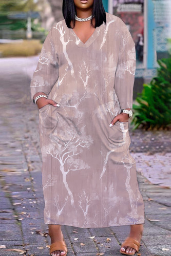 Light Coffee Casual Floral Print Pocket V Neck Long Plus Size Dresses