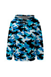 Blue Casual Camouflage Print Draw String Pocket Patchwork Hooded Tops