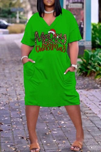 Green Casual Letter Print Pocket V Neck Short Sleeve Plus Size Dresses