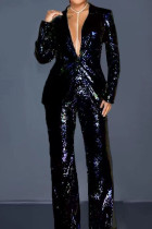 Black Casual Solid Color Sequins Buttons Patchwork Turndown Collar Long Sleeve Two Pieces