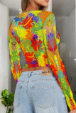 Green Yellow Casual Street Splashed ink printing Contrast O Neck Tops