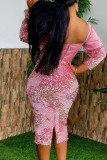 Pink Elegant Solid Color Sequins Patchwork Slit Zipper Square Neck Wrapped Skirt Dresses
