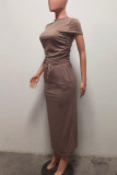 Khaki Casual Solid Color Draw String Patchwork Hot Drill O Neck Short Sleeve Two Pieces