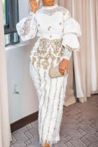 White Elegant Lace Patchwork Mandarin Collar Long Sleeve Two Pieces