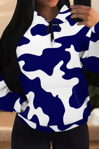 Tibetan Blue Casual Camouflage Print Draw String Pocket Patchwork Hooded Tops