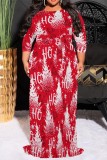 Leopard Print Casual Print Basic Belted O Neck Long Plus Size Dresses