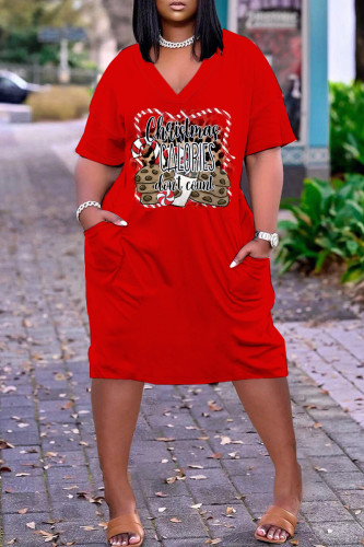 Red Casual Letter Print Pocket V Neck Short Sleeve Plus Size Dresses