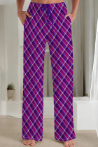 Purple Casual Print Draw String Pocket Patchwork Loose Mid Waist Straight Full Print Bottoms