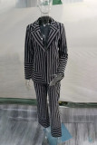 Black Casual Stripe Patchwork Cardigan Collar Long Sleeve Two Pieces