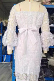 White Elegant Solid Color Patchwork See-Through O Neck Long Dresses