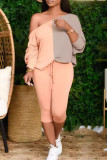 Pink Yellow Casual Draw String Patchwork Contrast Oblique Collar Long Sleeve Two Pieces