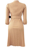 Khaki Elegant Solid Color Buckle Patchwork With Belt O Neck Long Dresses