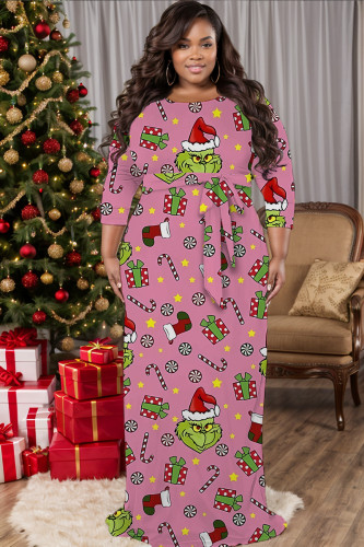 Pink Casual Cartoon Print Belted O Neck Long Plus Size Dresses