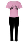 Pink Casual Street Skull Finger Print Contrast O Neck Short Sleeve Two Pieces