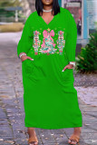 Red Green Casual Print Pocket V Neck Long Plus Size Dresses