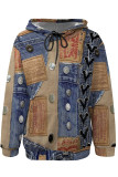 Multicolor Casual Street Faux Denim Print Draw String Pocket Hooded Tops