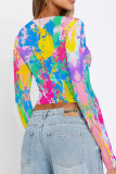 Green Yellow Casual Street Splashed ink printing Contrast O Neck Tops