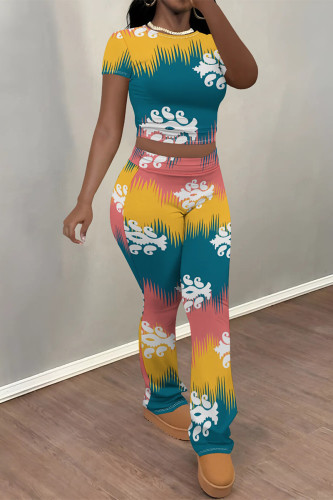 Peacock Blue Casual Street Camouflage Print Polka Dot Contrast O Neck Short Sleeve Two Pieces