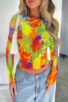 Green Yellow Casual Street Splashed ink printing Contrast O Neck Tops