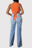 Blue Casual Solid Color Ripped Pocket Patchwork Mid Waist Boot Cut Denim Jeans
