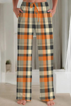 Gray Orange Casual Print Draw String Pocket Patchwork Loose Mid Waist Straight Full Print Bottoms