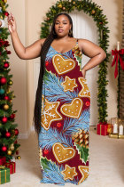 Burgundy Sexy Casual Print Backless Spaghetti Strap Long Dresses