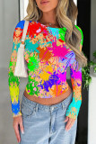 Green Yellow Casual Street Splashed ink printing Contrast O Neck Tops