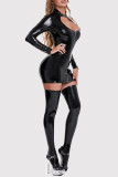 Black Sexy Solid Color Hollow Out Patchwork Lingerie