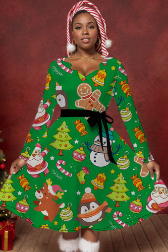 Green Casual Print With Belt V Neck A Line Dresses
