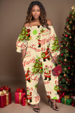 Red Casual Santa Claus Print Backless Off Shoulder Regular Jumpsuits