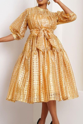 Yellow Elegant Solid Color Patchwork Strap Design O Neck A Line Dresses
