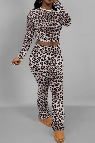 Khaki Casual Print Patchwork O Neck Long Sleeve Two Pieces