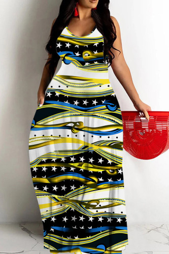 White Yellow Sexy Casual Print Backless Spaghetti Strap Long Dresses
