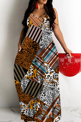 Brown Sexy Casual Print Backless Spaghetti Strap Long Dresses