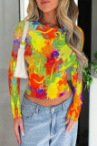 Green Yellow Casual Street Splashed ink printing Contrast O Neck Tops