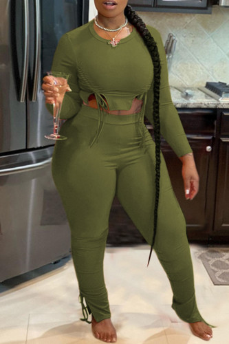 Army Green Casual Solid Color Draw String Patchwork O Neck Long Sleeve Two Pieces