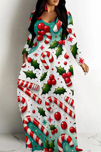 White Green Casual Print Basic V Neck Long Dresses