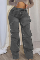 Grey Casual Solid Color Pocket Buttons Patchwork Zipper High Waist Loose Denim Jeans