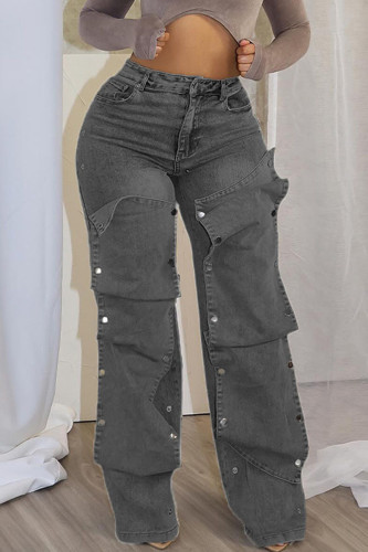 Grey Casual Solid Color Pocket Buttons Patchwork Zipper High Waist Loose Denim Jeans