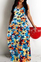 Blue Sexy Casual Print Backless Spaghetti Strap Long Dresses